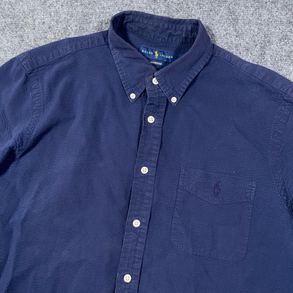 Ralph Lauren Seersucker Button Down Shirt Boys Large Short Sleeve Navy Blue